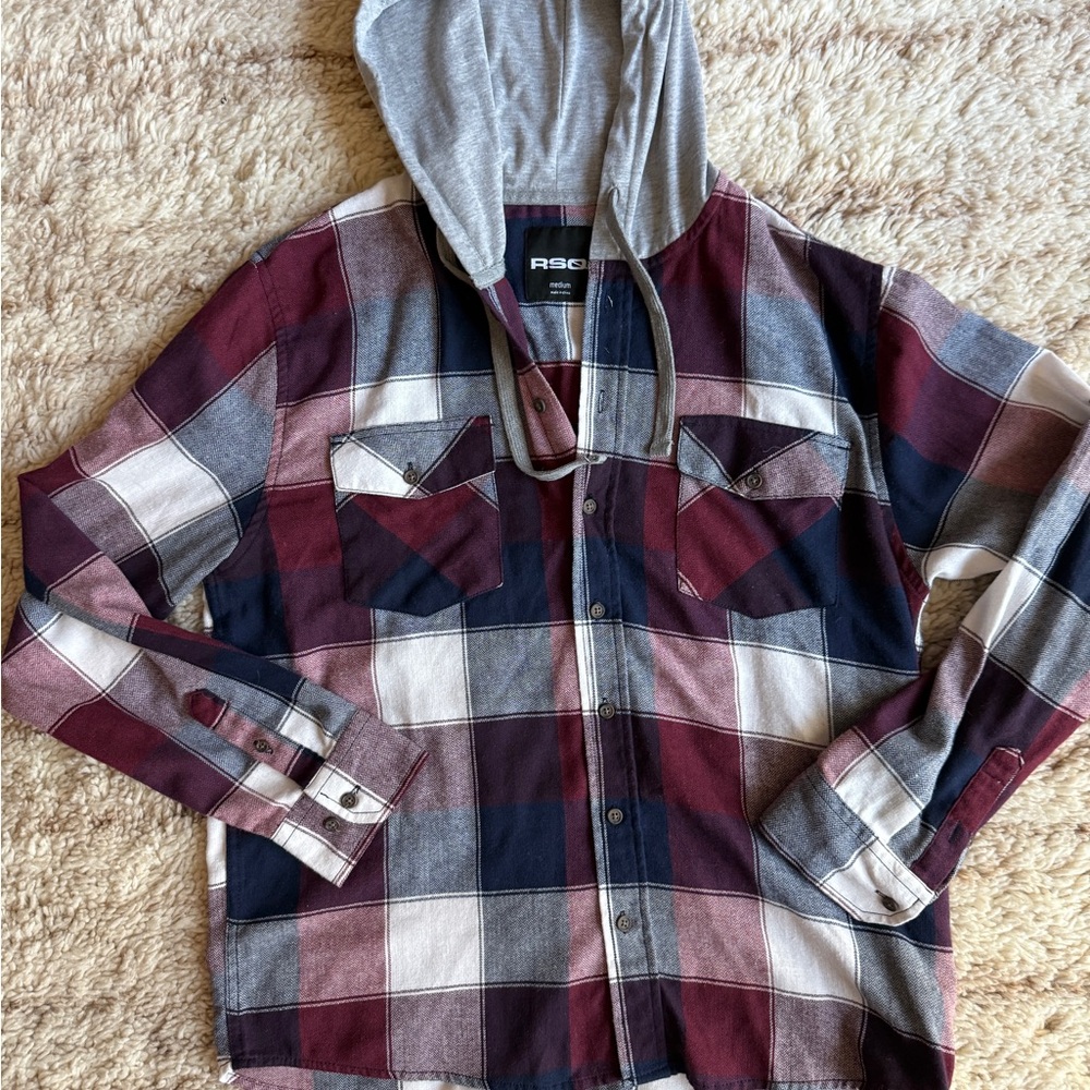 RSQ Burgundy and Navy Plaid Hooded Shirt size M